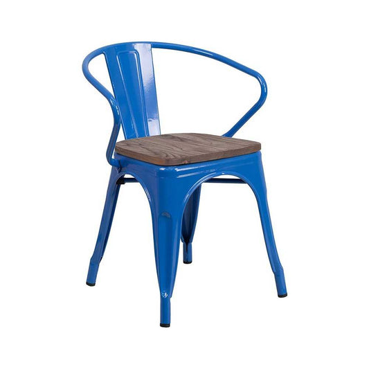 Blue Metal Chair with Wood Seat and Arms