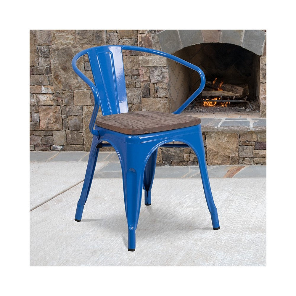 Blue Metal Chair with Wood Seat and Arms