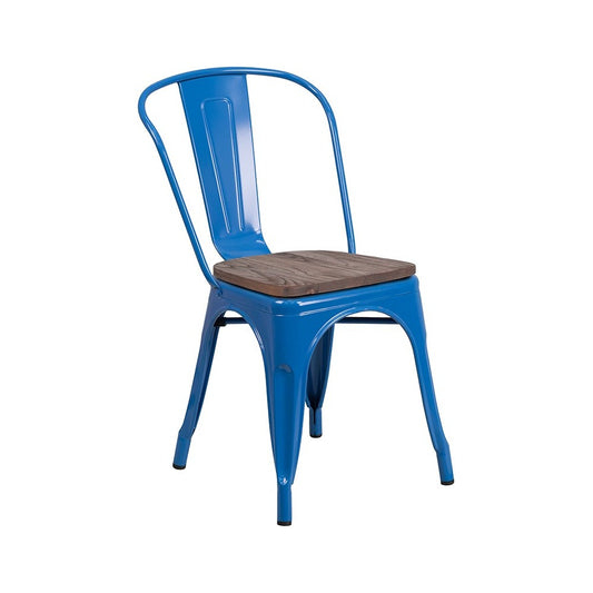Blue Metal Stackable Chair with Wood Seat
