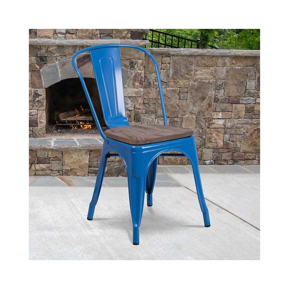 Blue Metal Stackable Chair with Wood Seat