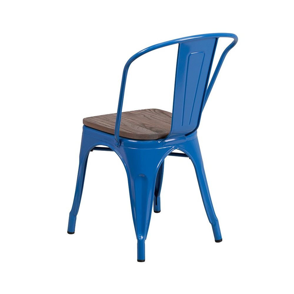 Blue Metal Stackable Chair with Wood Seat