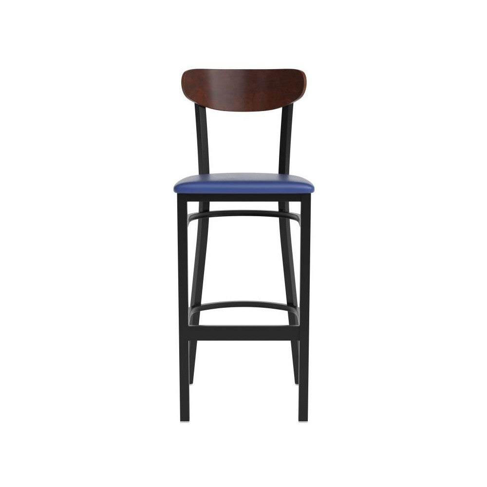Blue Vinyl/Wood Back Barstool