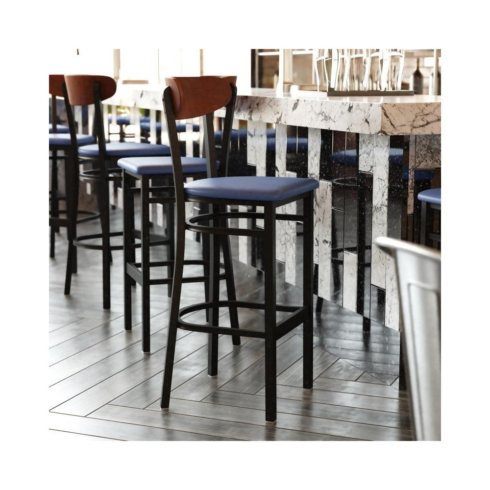 Blue Vinyl/Wood Back Barstool