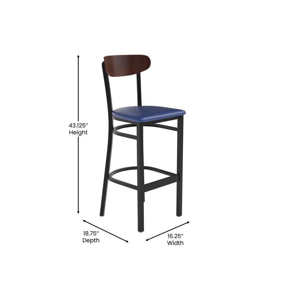 Blue Vinyl/Wood Back Barstool