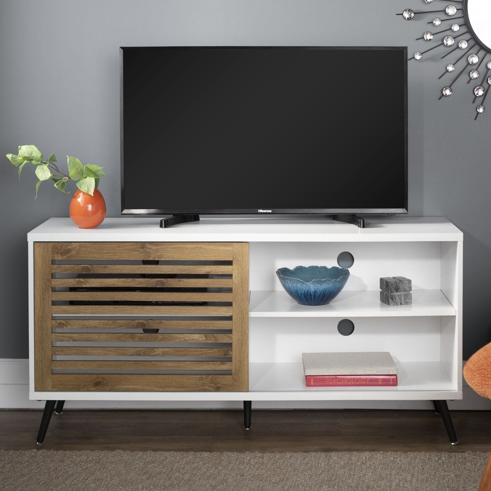 Bowie 52" Two-Tone Modern TV Stand with Sliidng Slat Door - White/Barnwood