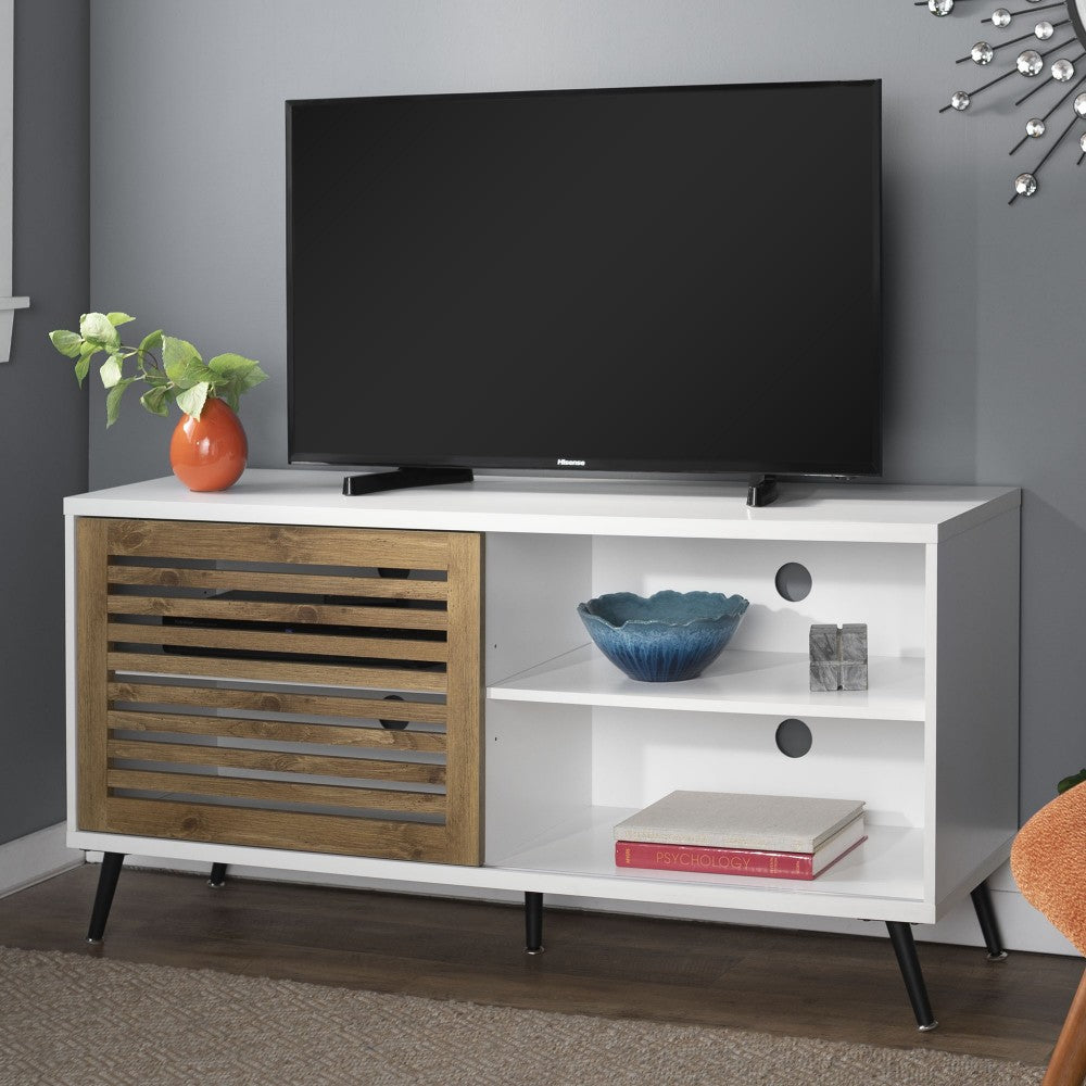 Bowie 52" Two-Tone Modern TV Stand with Sliidng Slat Door - White/Barnwood