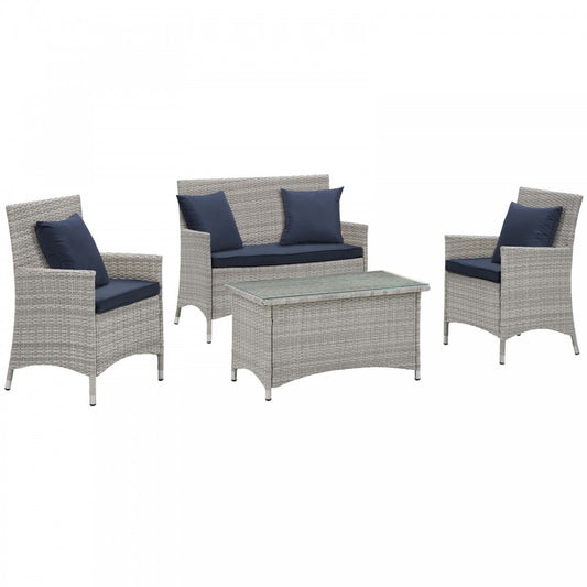 Bridge 4 Piece Outdoor Patio Patio Conversation Set with Pillow Set, Light Gray Navy