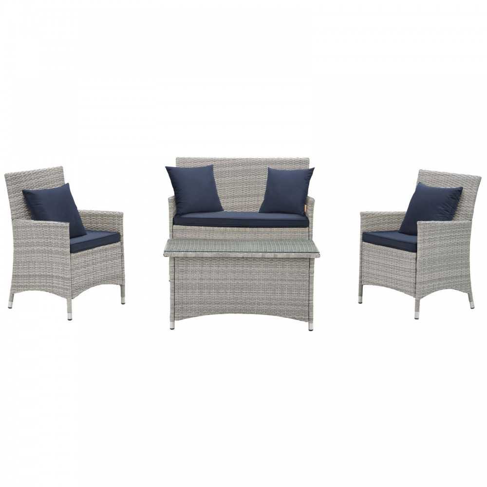 Bridge 4 Piece Outdoor Patio Patio Conversation Set with Pillow Set, Light Gray Navy