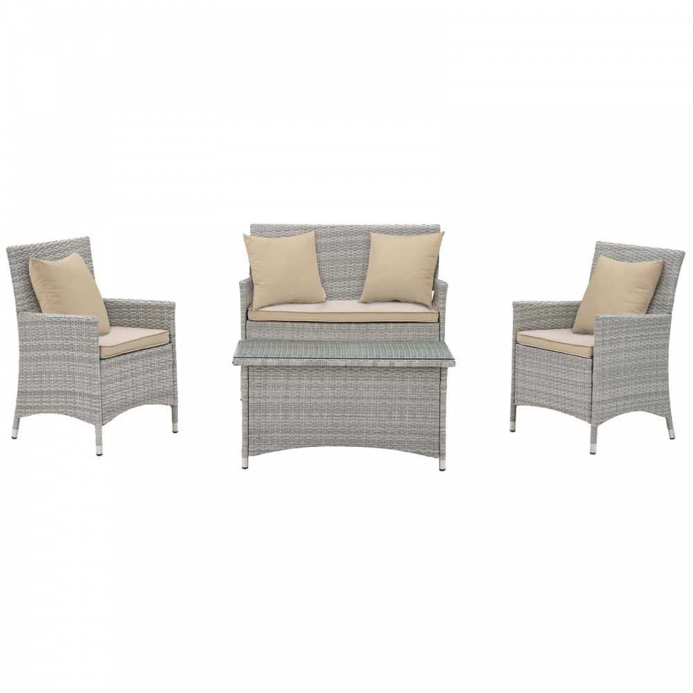 Bridge 4 Piece Outdoor Patio Patio Conversation Set with Pillow Set, Light Gray Beige