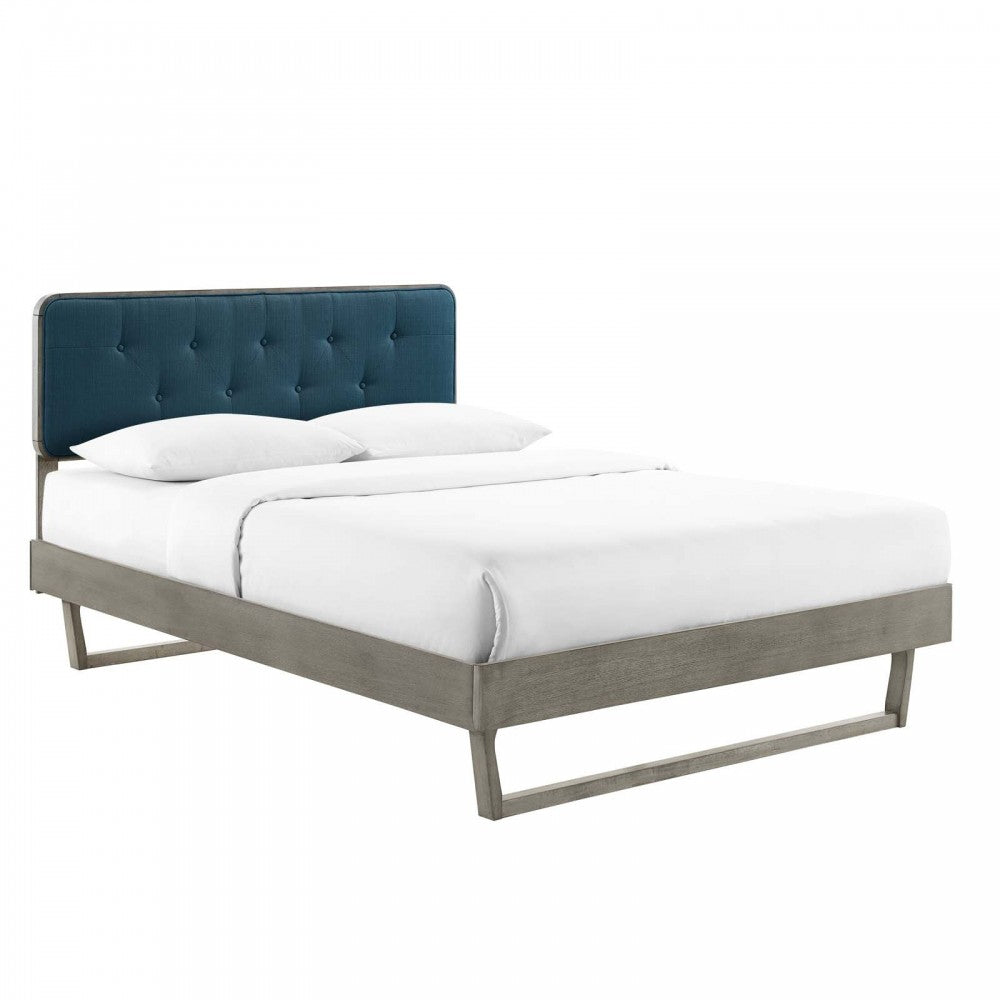 Bridgette Full Wood Platform Bed With Angular Frame, Gray Azure