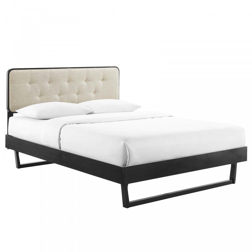 Bridgette Full Wood Platform Bed With Angular Frame, Black Beige