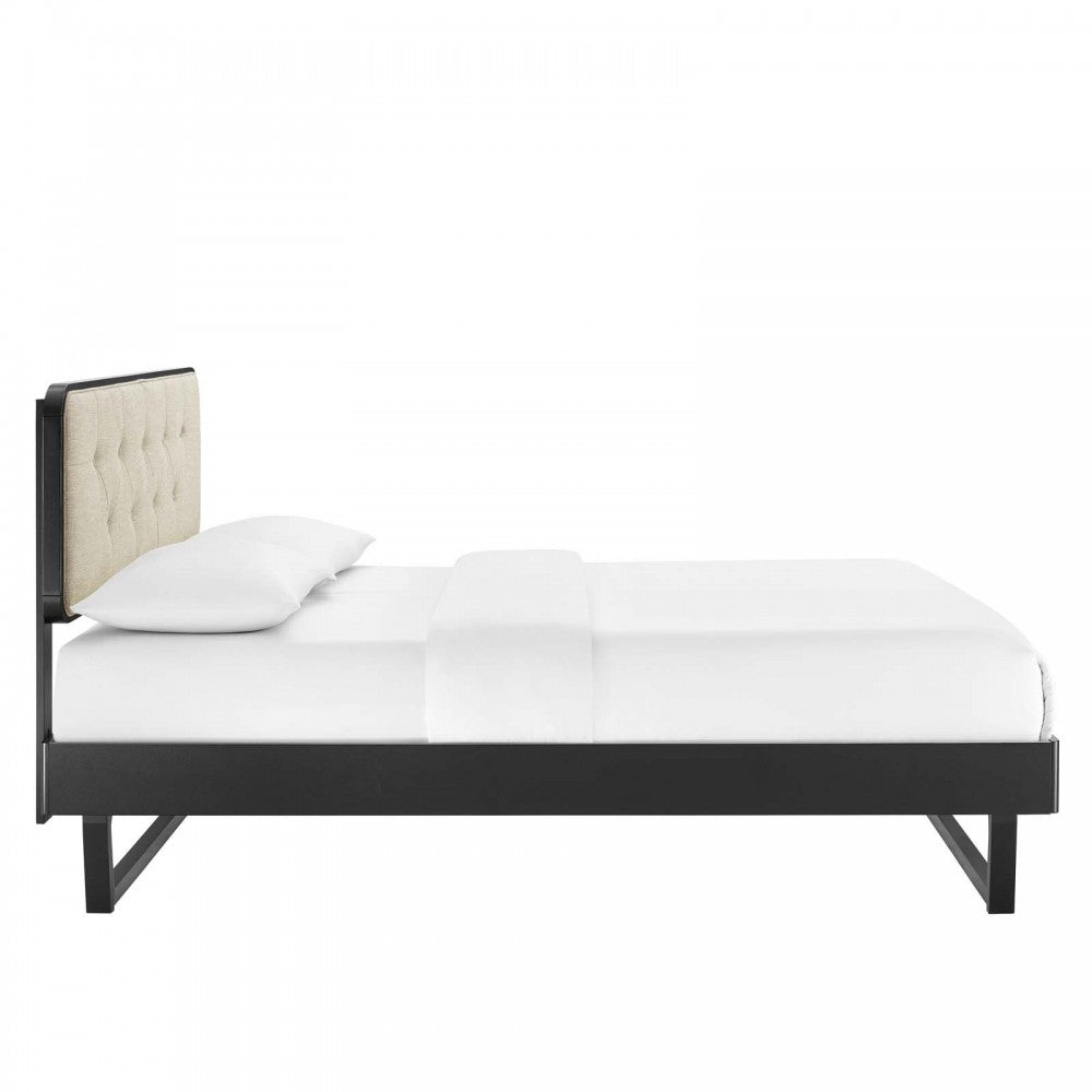 Bridgette Full Wood Platform Bed With Angular Frame, Black Beige