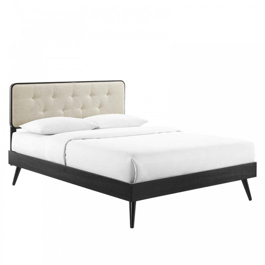 Bridgette Full Wood Platform Bed With Splayed Legs, Black Beige