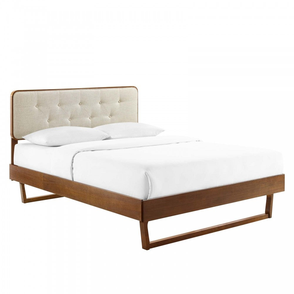 Bridgette King Wood Platform Bed With Angular Frame, Walnut Beige