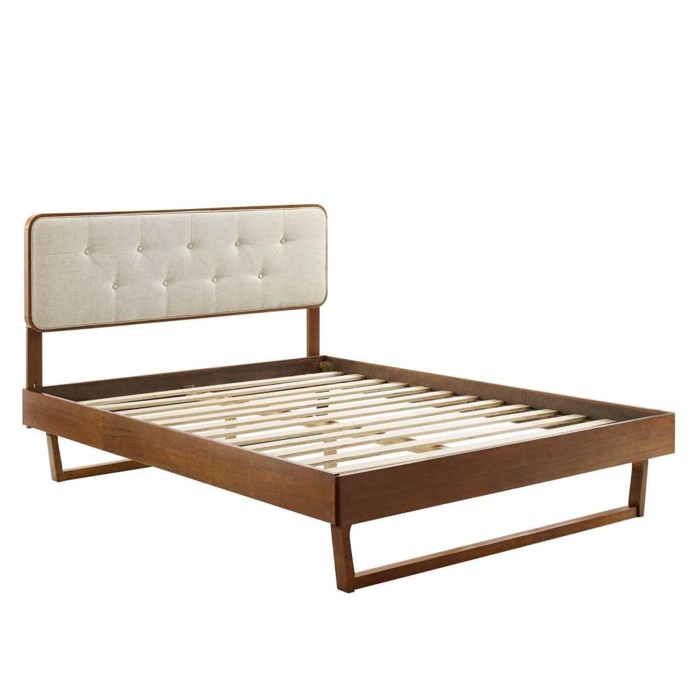 Bridgette King Wood Platform Bed With Angular Frame, Walnut Beige