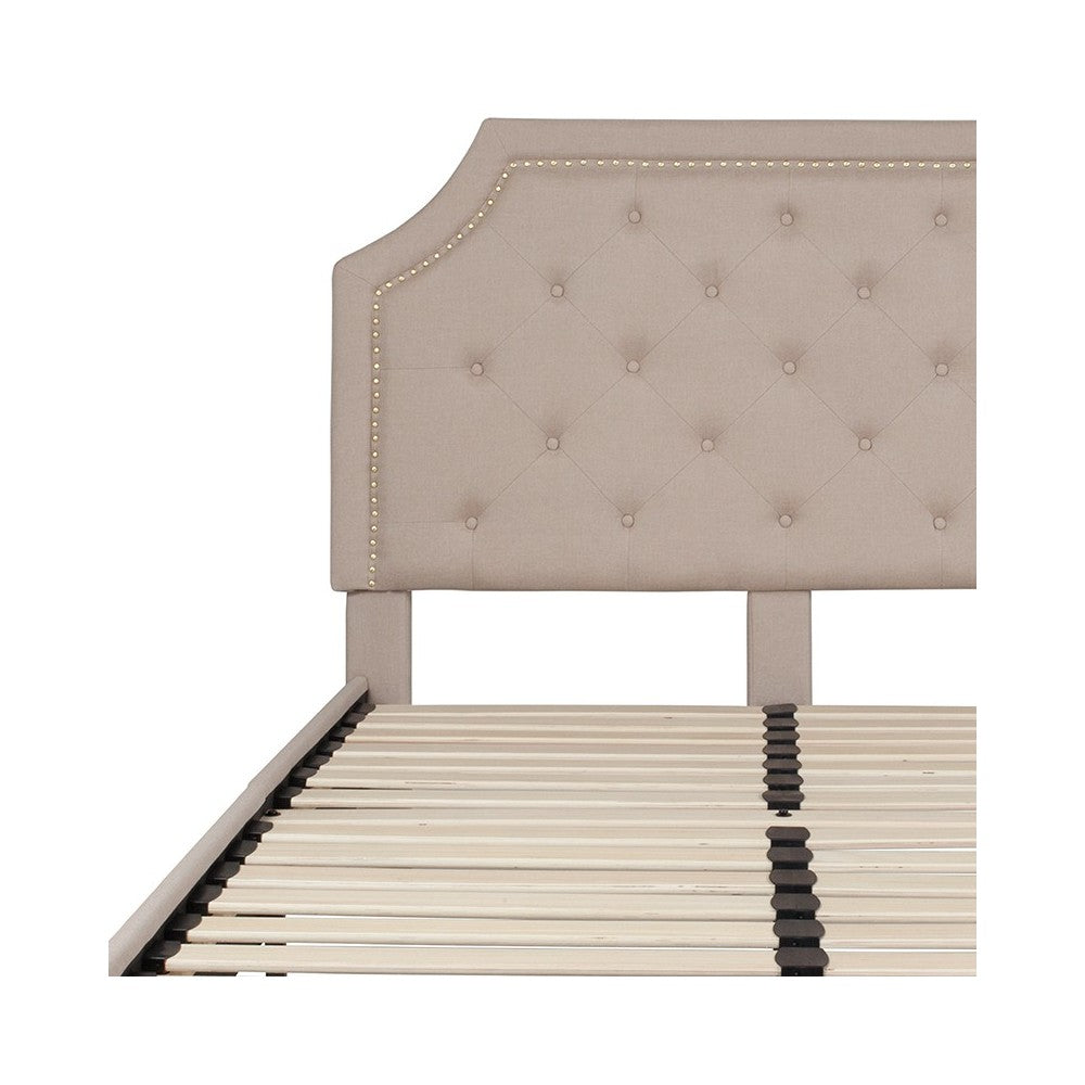 Brighton Full Size Tufted Upholstered Platform Bed in Beige Fabric