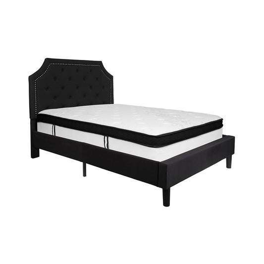 Brighton Full Size Tufted Upholstered Platform Bed in Black Fabric with Memory Foam Mattress