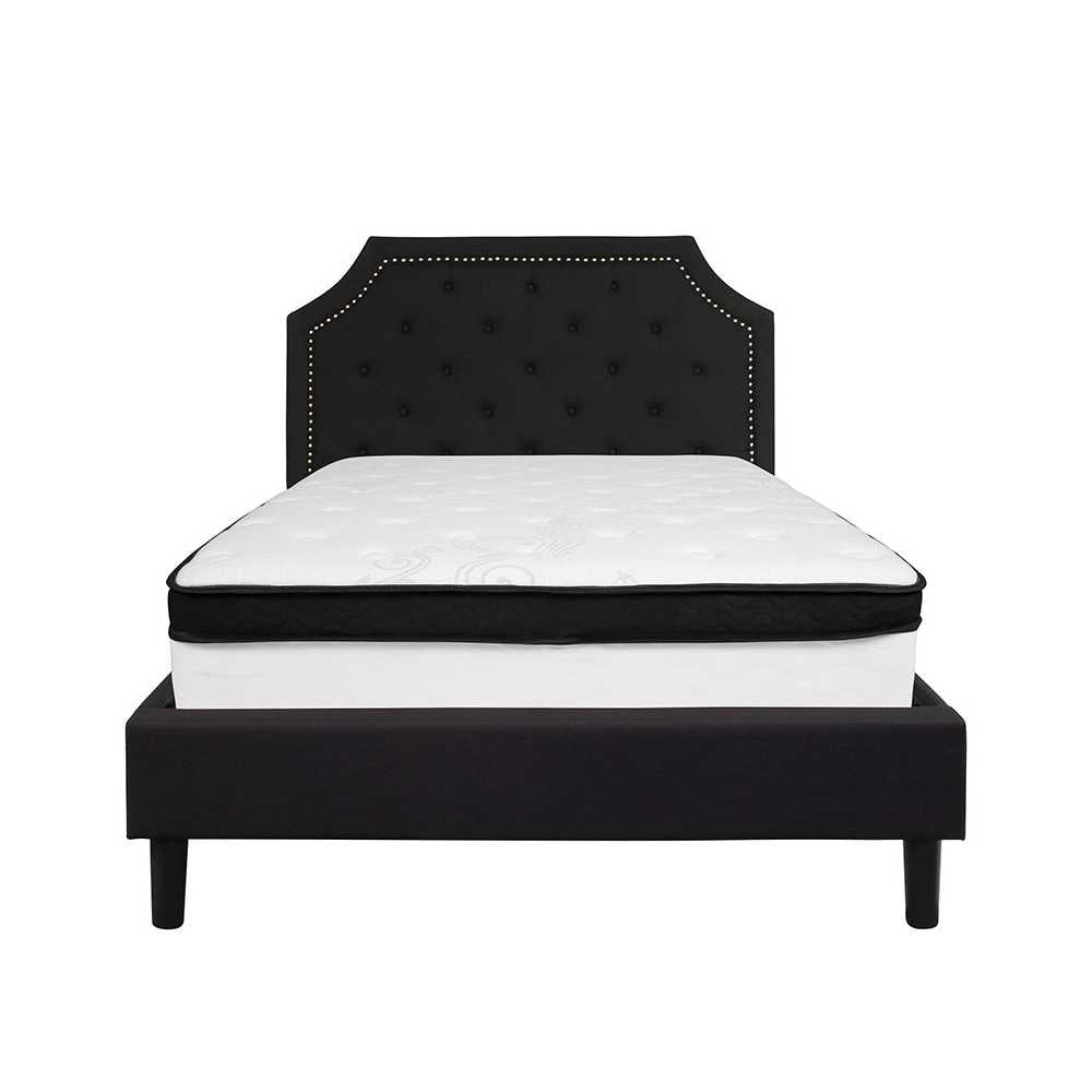 Brighton Full Size Tufted Upholstered Platform Bed in Black Fabric with Memory Foam Mattress