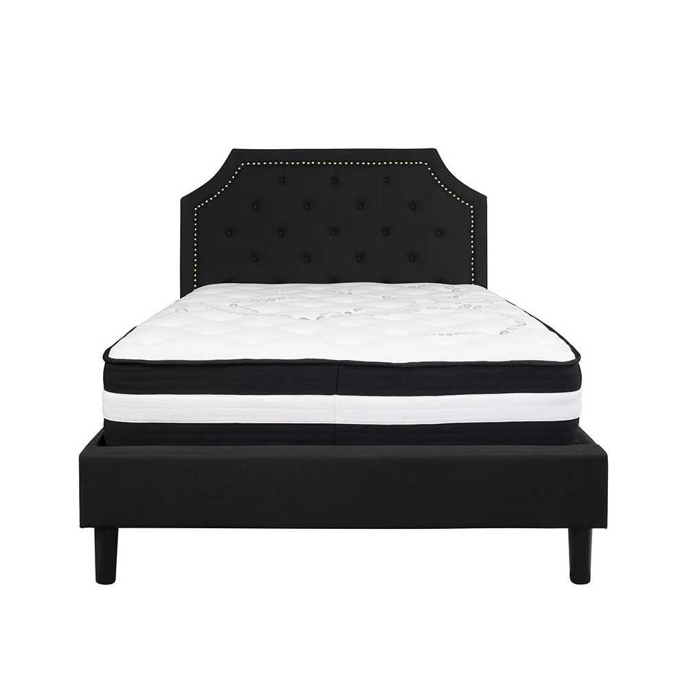 Brighton Full Size Tufted Upholstered Platform Bed in Black Fabric with Pocket Spring Mattress