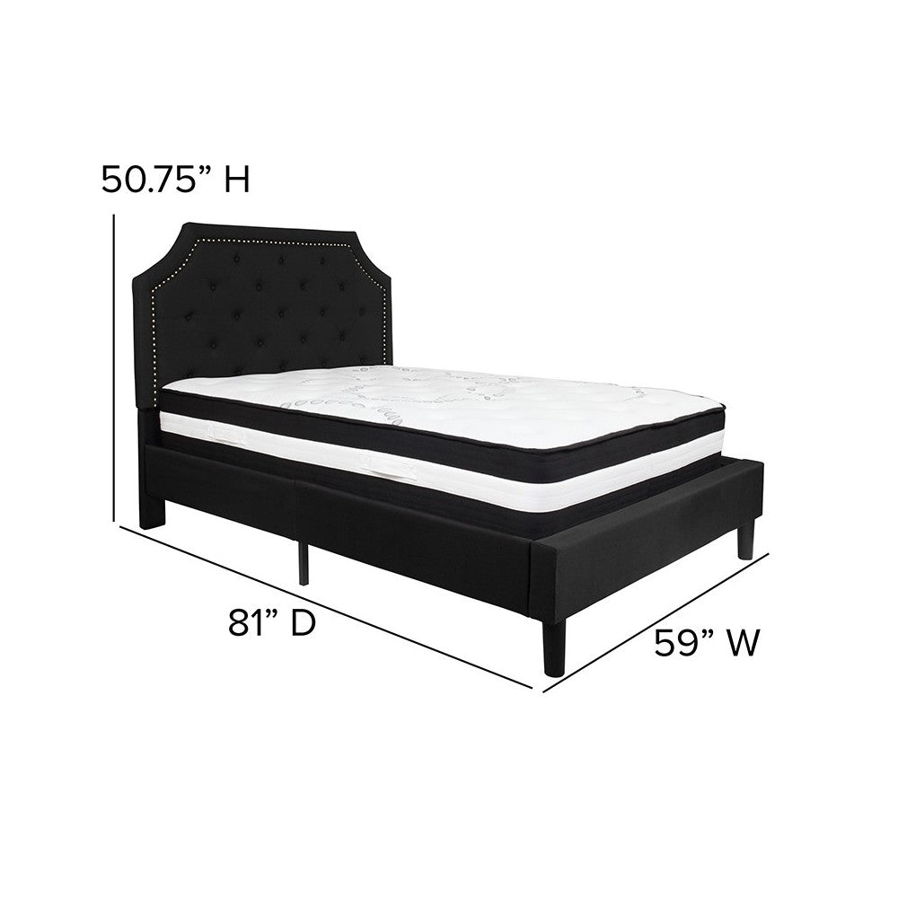 Brighton Full Size Tufted Upholstered Platform Bed in Black Fabric with Pocket Spring Mattress