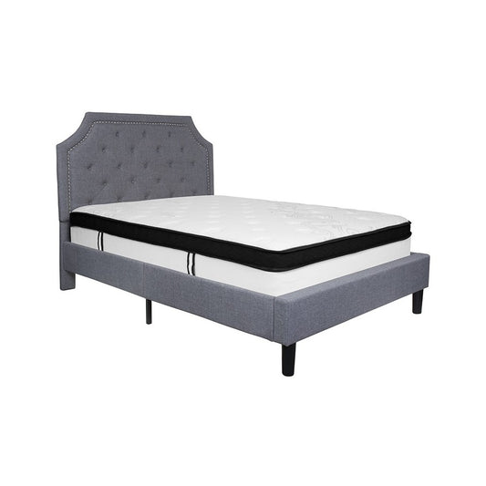 Brighton Full Size Tufted Upholstered Platform Bed in Light Gray Fabric with Memory Foam Mattress