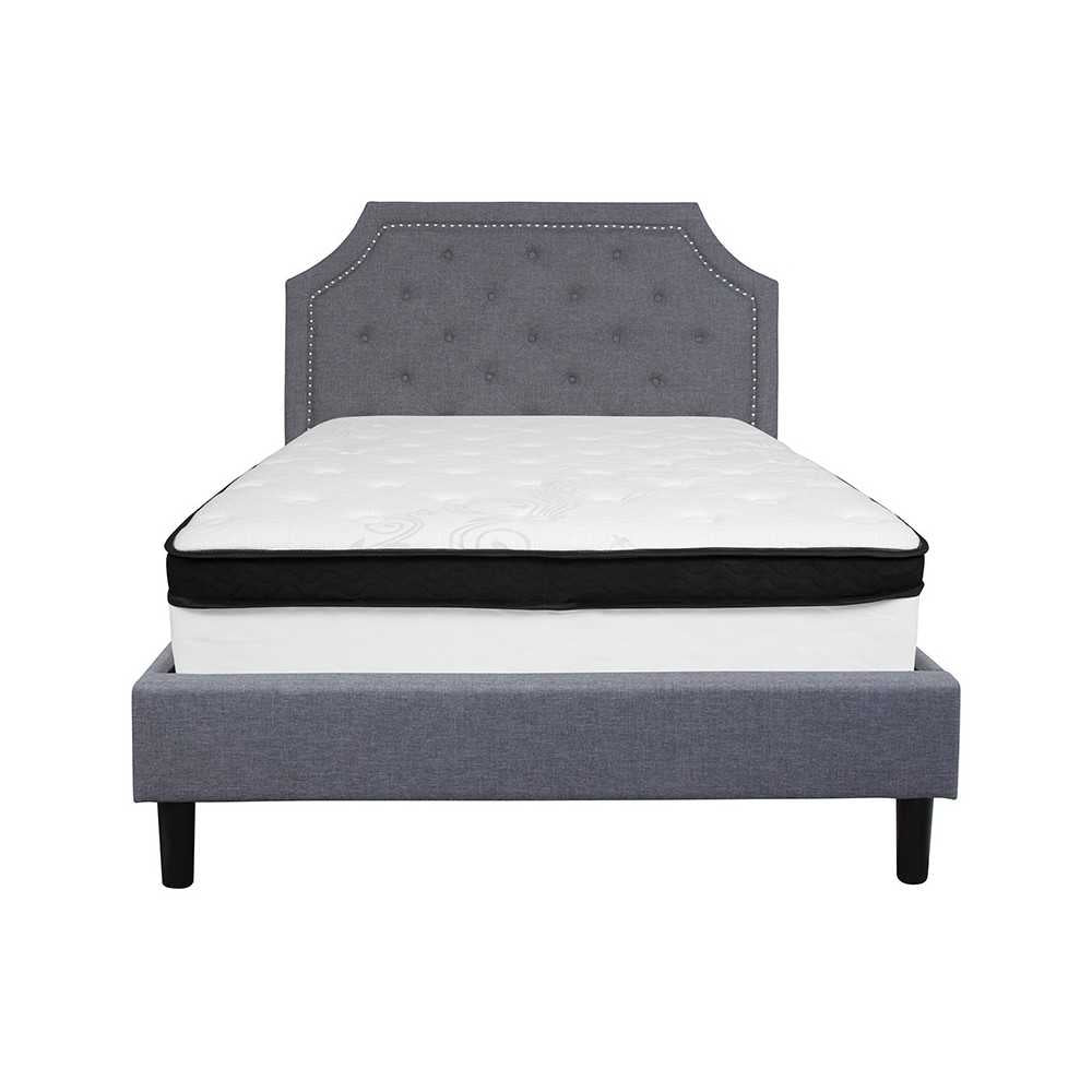 Brighton Full Size Tufted Upholstered Platform Bed in Light Gray Fabric with Memory Foam Mattress