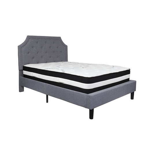 Brighton Full Size Tufted Upholstered Platform Bed in Light Gray Fabric with Pocket Spring Mattress