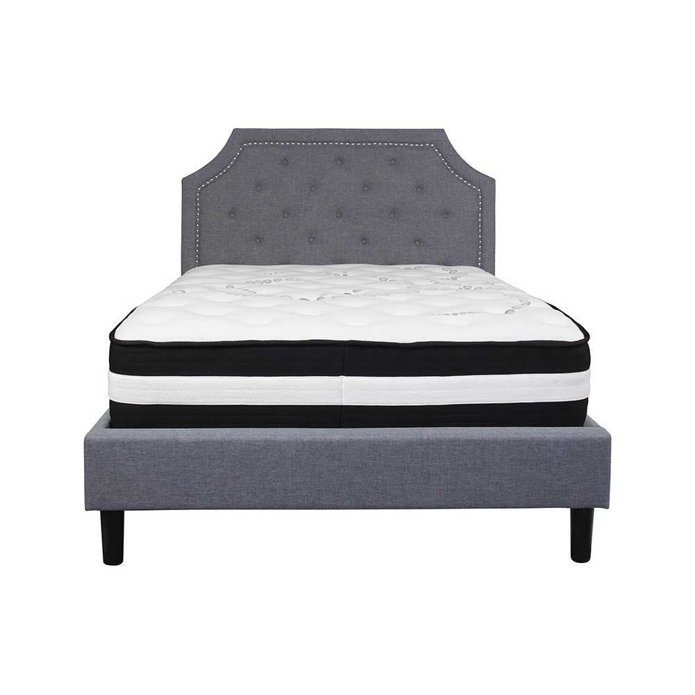 Brighton Full Size Tufted Upholstered Platform Bed in Light Gray Fabric with Pocket Spring Mattress