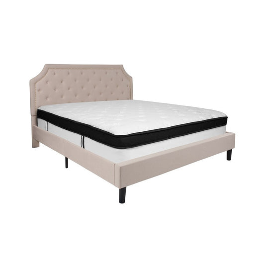 Brighton King Size Tufted Upholstered Platform Bed in Beige Fabric with Memory Foam Mattress