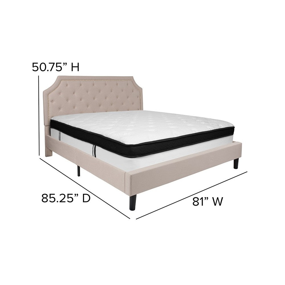Brighton King Size Tufted Upholstered Platform Bed in Beige Fabric with Memory Foam Mattress
