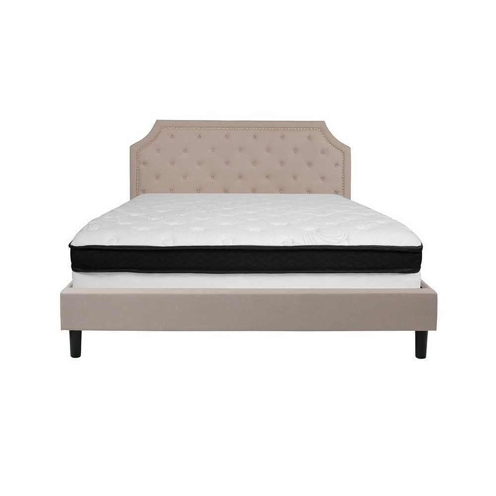 Brighton King Size Tufted Upholstered Platform Bed in Beige Fabric with Memory Foam Mattress