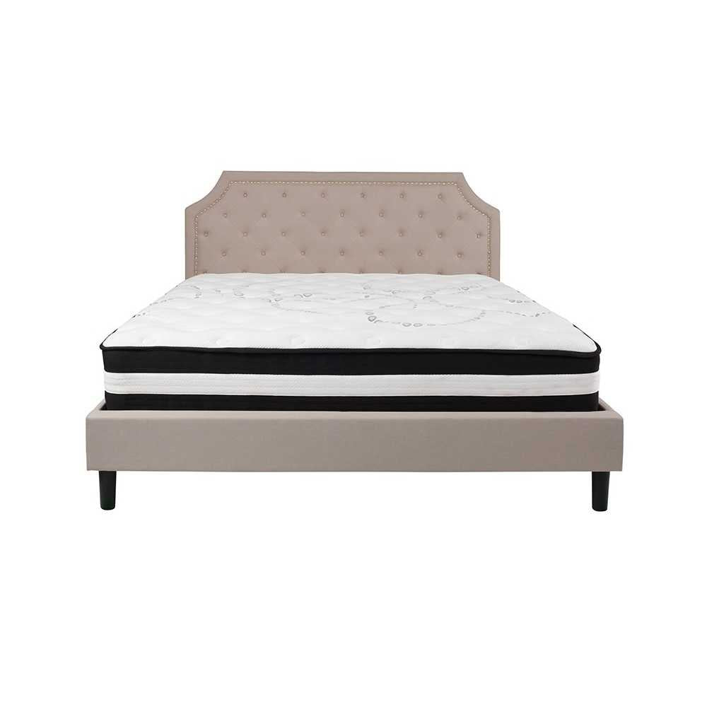Brighton King Size Tufted Upholstered Platform Bed in Beige Fabric with Pocket Spring Mattress