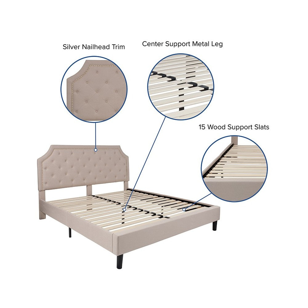 Brighton King Size Tufted Upholstered Platform Bed in Beige Fabric