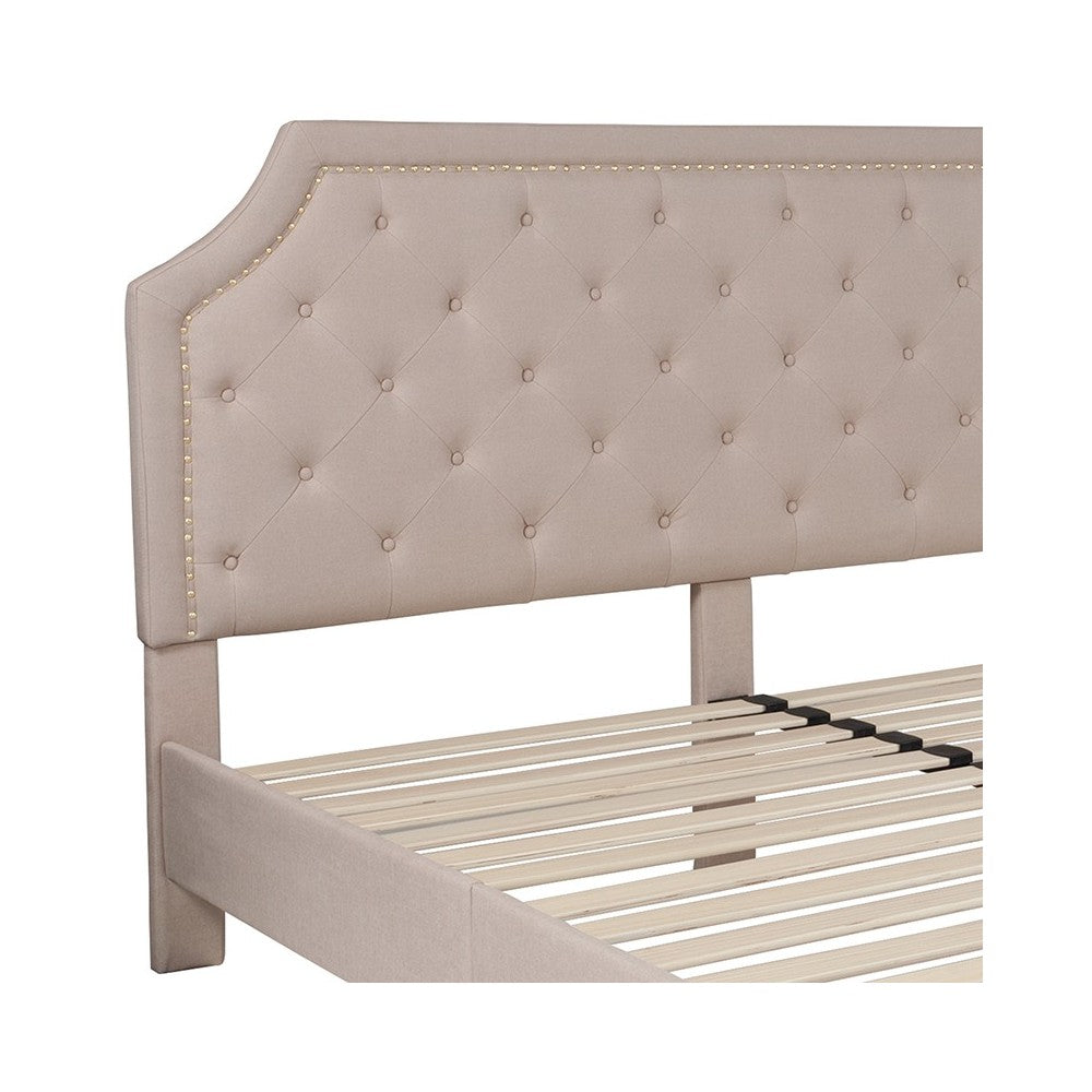 Brighton King Size Tufted Upholstered Platform Bed in Beige Fabric