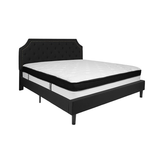 Brighton King Size Tufted Upholstered Platform Bed in Black Fabric with Memory Foam Mattress