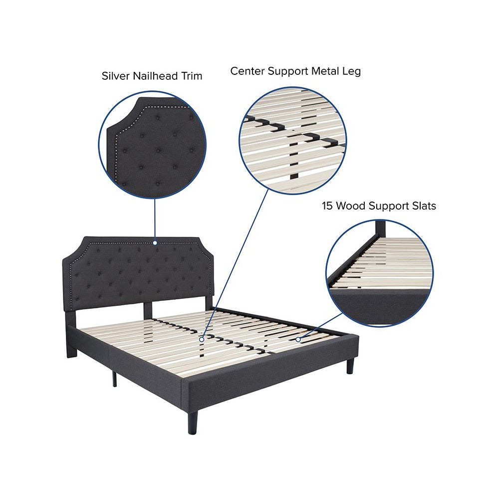 Brighton King Size Tufted Upholstered Platform Bed in Dark Gray Fabric