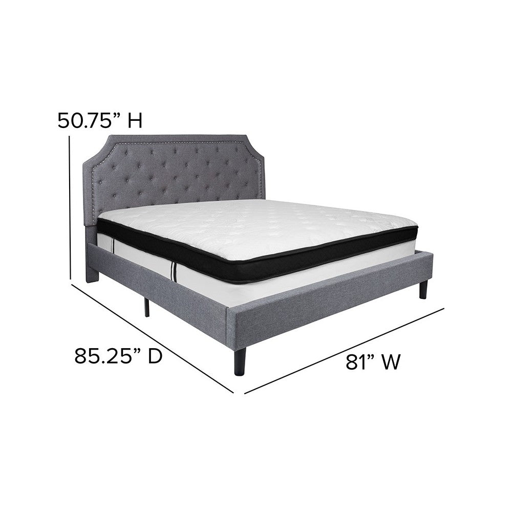 Brighton King Size Tufted Upholstered Platform Bed in Light Gray Fabric with Memory Foam Mattress