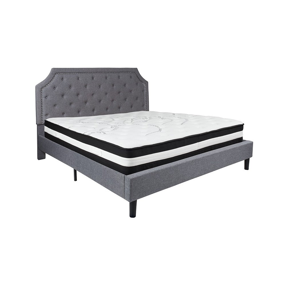 Brighton King Size Tufted Upholstered Platform Bed in Light Gray Fabric with Pocket Spring Mattress