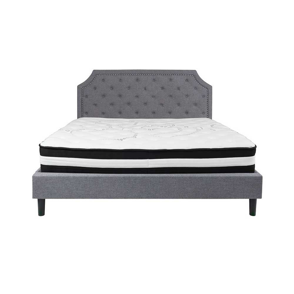 Brighton King Size Tufted Upholstered Platform Bed in Light Gray Fabric with Pocket Spring Mattress
