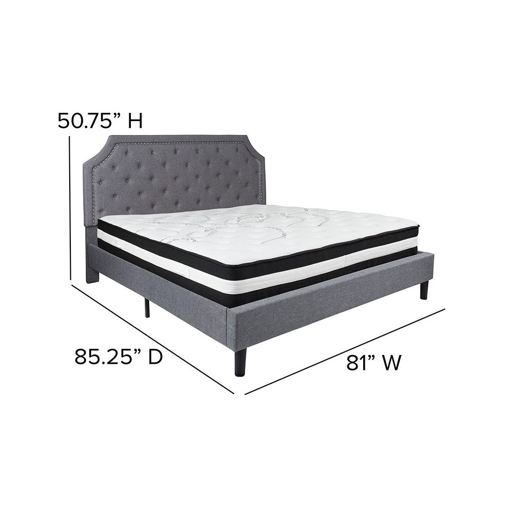 Brighton King Size Tufted Upholstered Platform Bed in Light Gray Fabric with Pocket Spring Mattress