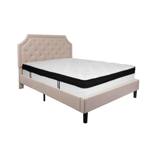 Brighton Queen Size Tufted Upholstered Platform Bed in Beige Fabric with Memory Foam Mattress