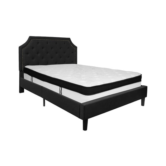 Brighton Queen Size Tufted Upholstered Platform Bed in Black Fabric with Memory Foam Mattress