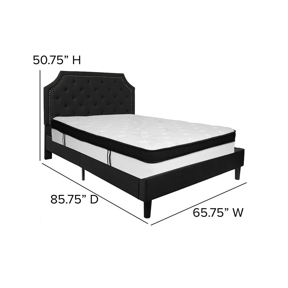 Brighton Queen Size Tufted Upholstered Platform Bed in Black Fabric with Memory Foam Mattress
