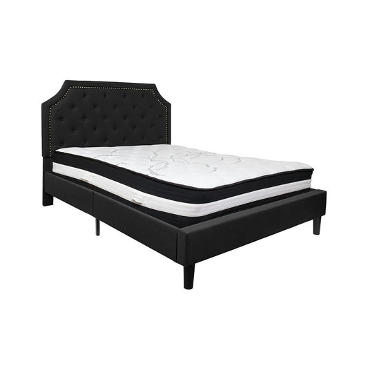 Brighton Queen Size Tufted Upholstered Platform Bed in Black Fabric with Pocket Spring Mattress