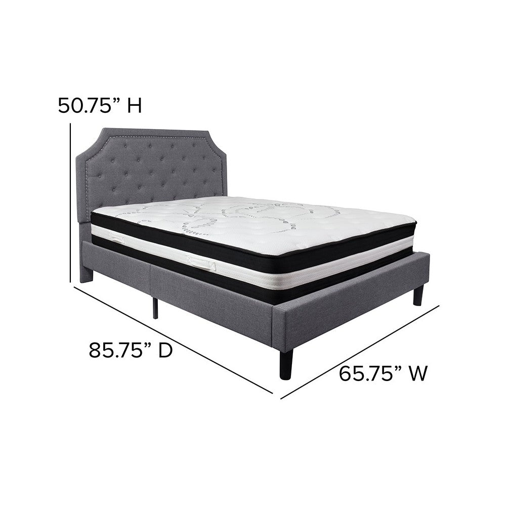 Brighton Queen Size Tufted Upholstered Platform Bed in Light Gray Fabric with Pocket Spring Mattress