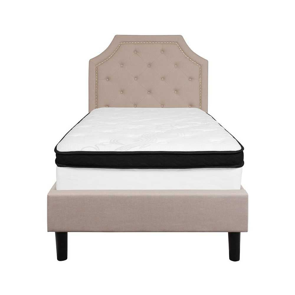 Brighton Twin Size Tufted Upholstered Platform Bed in Beige Fabric with Memory Foam Mattress