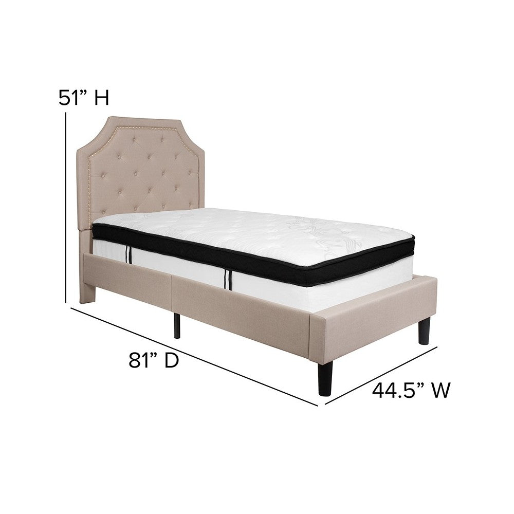 Brighton Twin Size Tufted Upholstered Platform Bed in Beige Fabric with Memory Foam Mattress