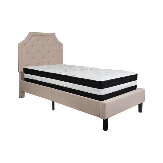 Brighton Twin Size Tufted Upholstered Platform Bed in Beige Fabric with Pocket Spring Mattress