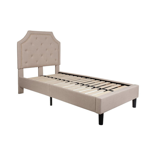 Brighton Twin Size Tufted Upholstered Platform Bed in Beige Fabric