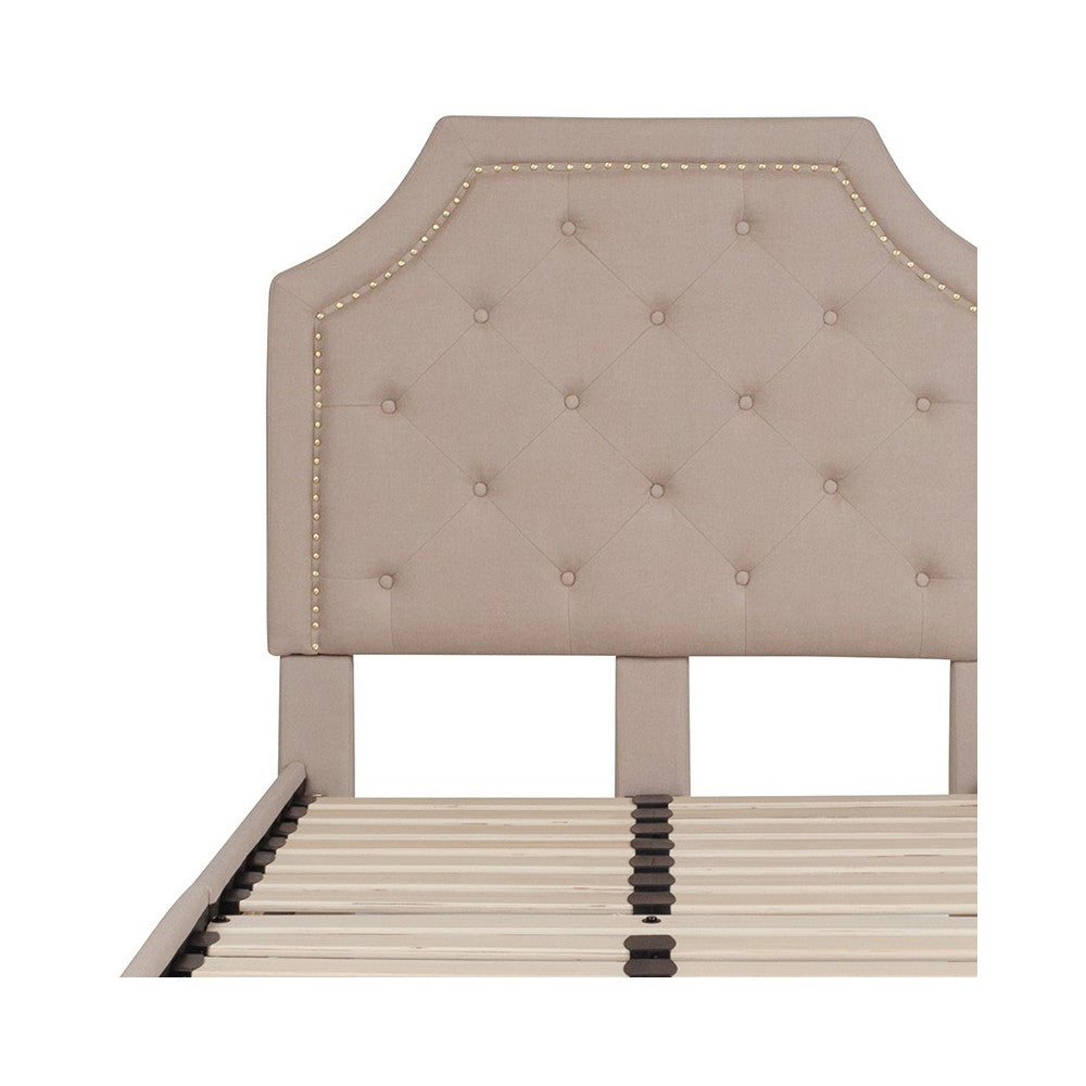 Brighton Twin Size Tufted Upholstered Platform Bed in Beige Fabric